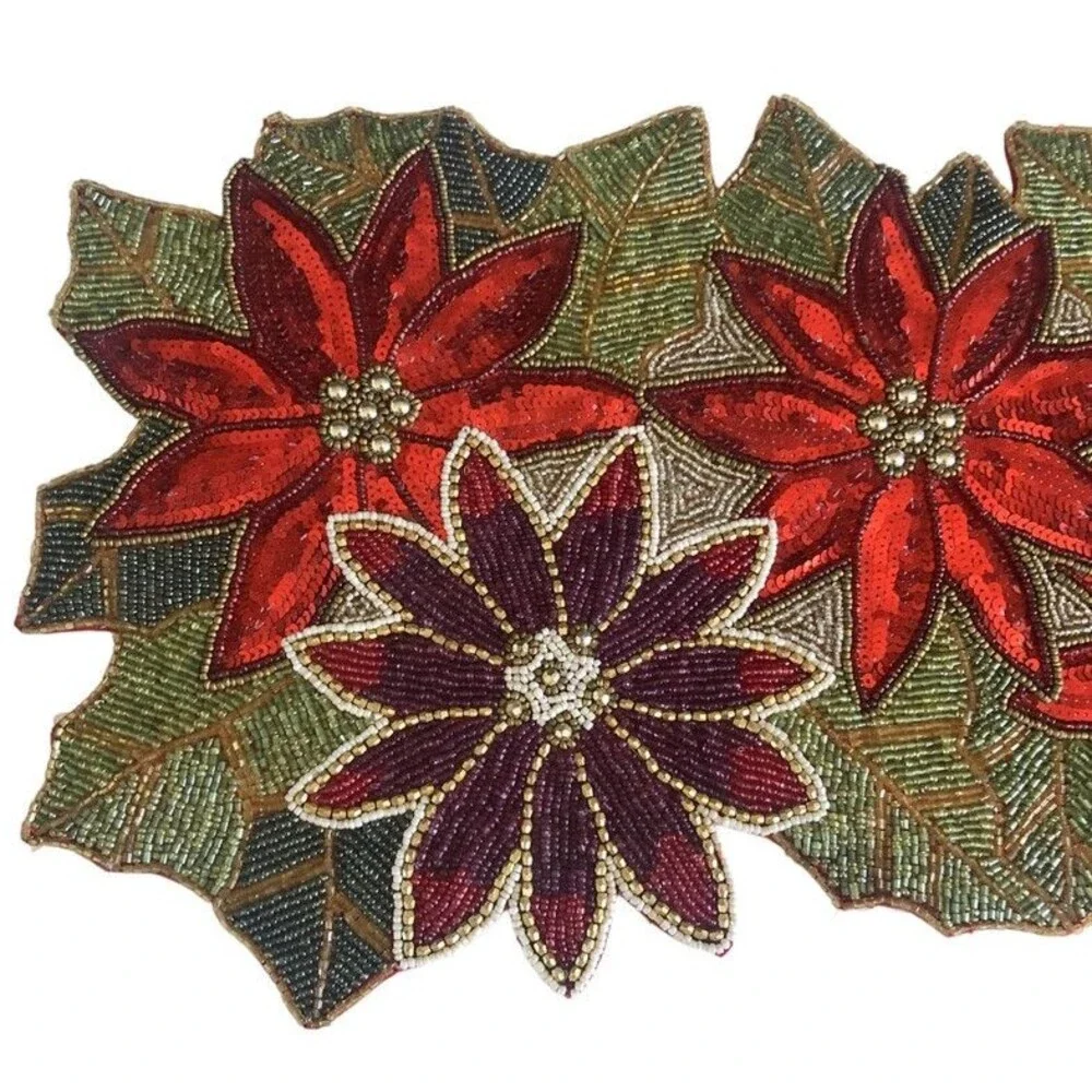 Christmas Red Poinsettia Table Runner Fully Beaded Holiday Satin Backed 36x13
